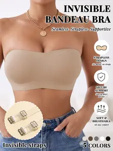 Strapless Jelly Support Bandeau Bra! Soft breathable seamless smooth fabric, anti-slip gathered design, hides side boob, ideal for wedding, party & daily tube outfits.