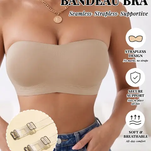Strapless Jelly Support Bandeau Bra, Soft Breathable Seamless Smooth Fabric, Anti-Slip Design with Side Coverage, Ideal for Wedding, Party & Daily Tube Outfits