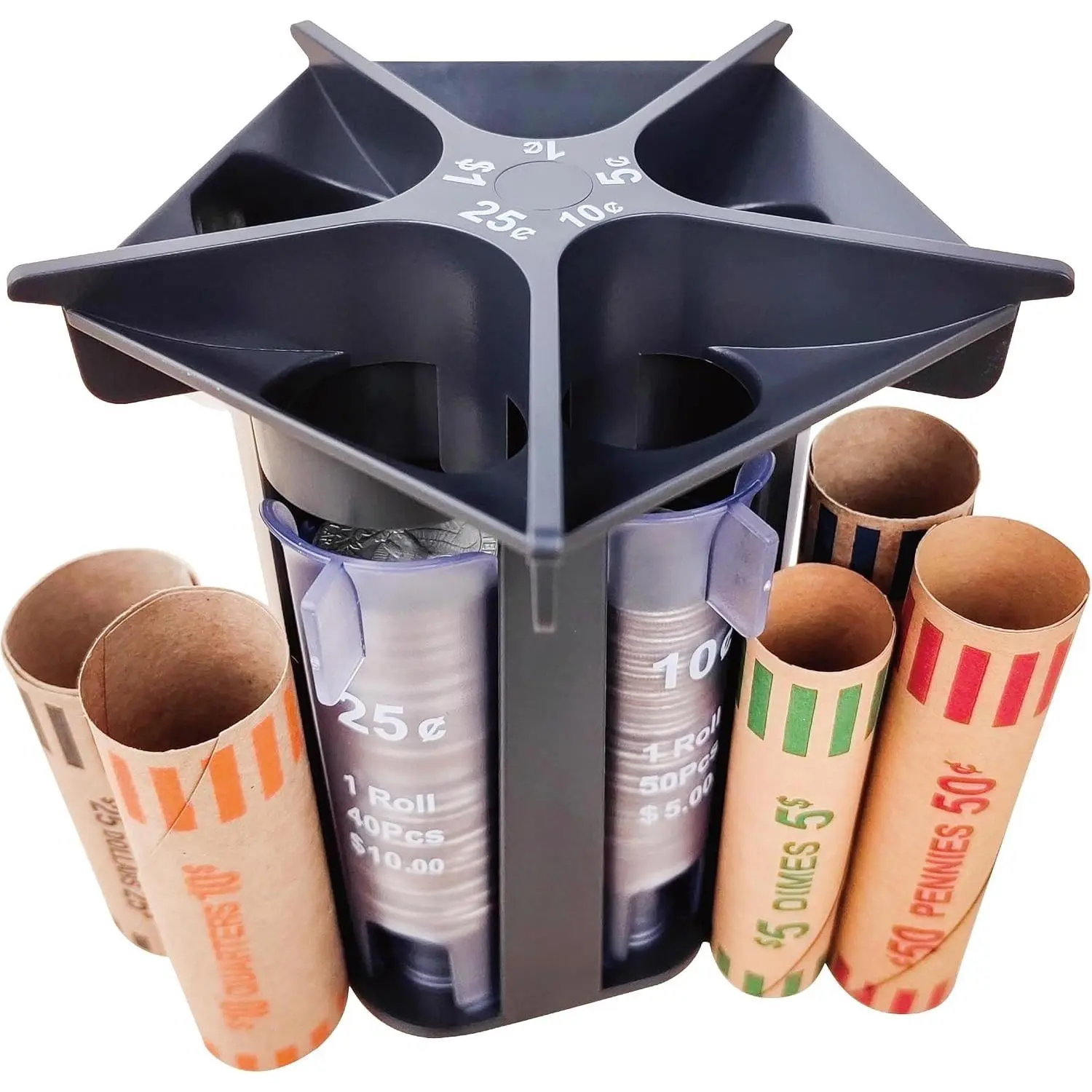 Change Sorter Tube Coin Counter with Coin Wrappers, 5-in-1 Coin Sorter Change Counter Machine, Coin Organizer & Coin Holder Coin Roller, Use with Coin Bank Jar, Accurate & Easy to use