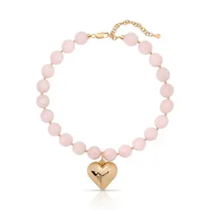Women's Pink Natural Thick Abacus Bead Collarbone Necklace with Large Heart-Shaped Bead - Fashion Costume Jewelry Accessory Beaded Choker