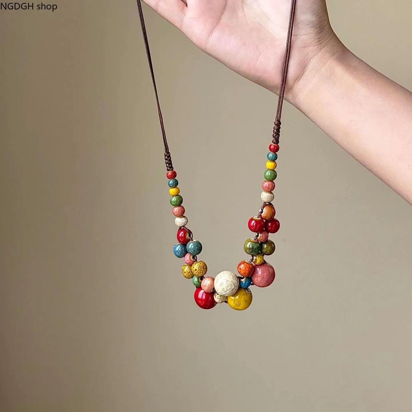 Handmade Colorful Ceramic Beaded Pendant Necklace - Adjustable Braided Rope Bohemian Jewelry, Lightweight Casual Accessory for Daily Use & Vacation Outfits (Sports & Outdoor Clothing Accessory)