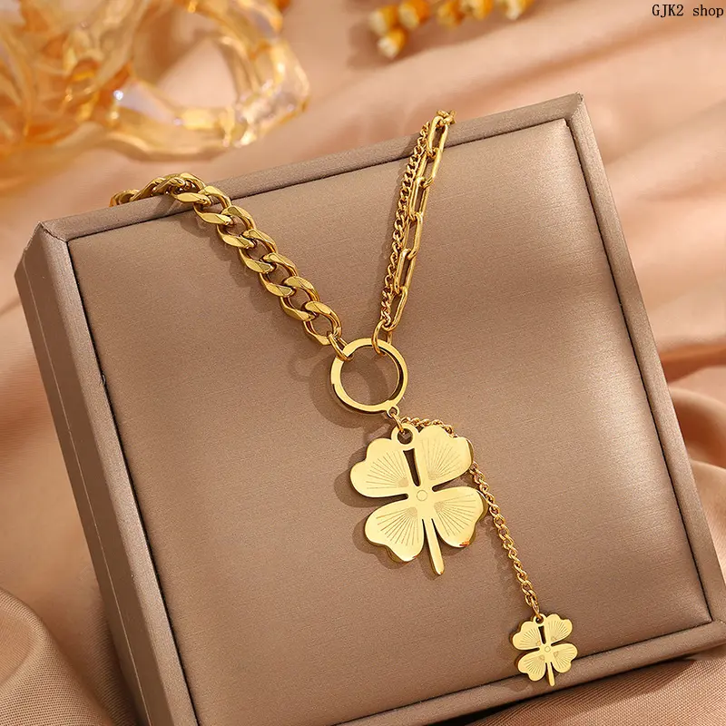 Gold Tone Double Four-Leaf Clover Tassel Necklace, Toggle Clasp Mixed Link Chain Lucky Clover Pendant Necklace For Women