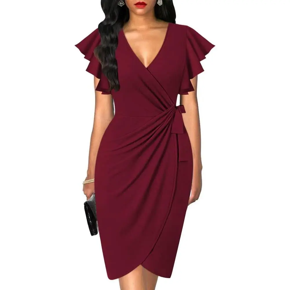 Women's Formal Faux Wrap Sheath Dress - Stretchy, Comfortable, Breathable, Deep V-Neck, Ruffle-Sleeve, Slim-Fitted, Elegant, Soft, Chic, Pleated, Zippered - Fashion Knee-Length Wrap Dress for Cocktail Parties, Work, Church, Hosting, Style, Invisible Zip