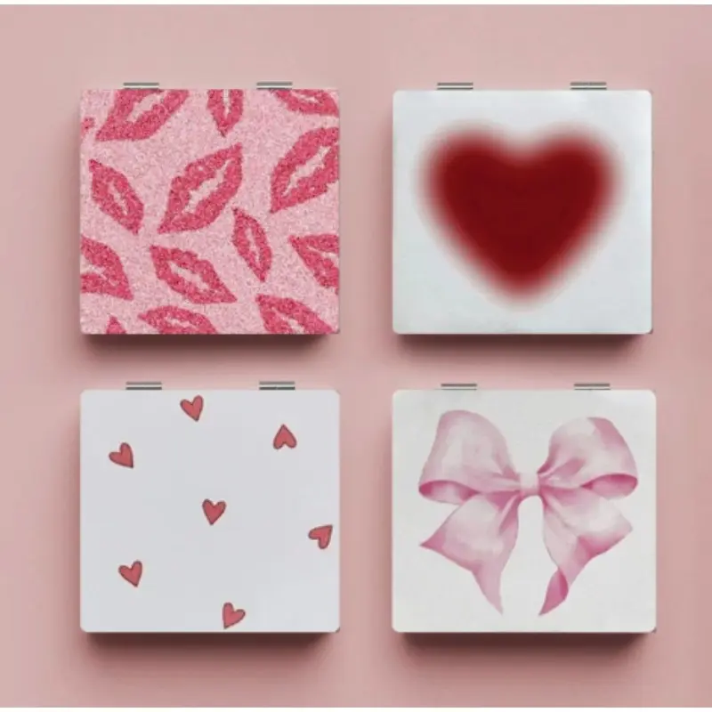 Lip Print Cherry Bow Mirror - Mini Foldable Powder-Coated Suitable for Daily Use, Travel & Gifts, Flip-Top Compact Makeup Mirror with Lipstick for, Parties, Birthdays, Mother's Day Present (Powder-Coated)