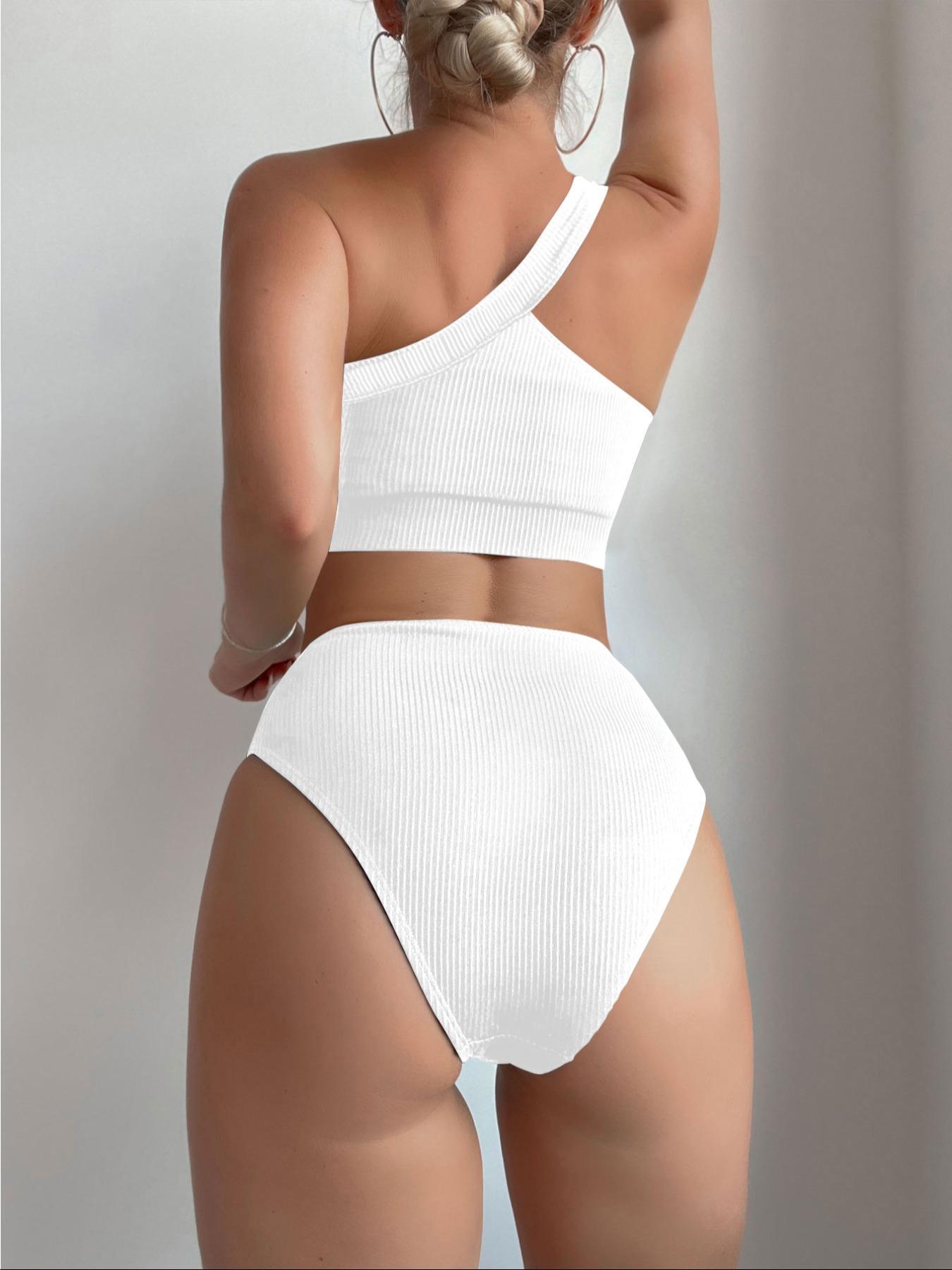 Two-Piece Set Women's Solid Color Ribbed Bikini Set for Beach Holiday Vacation, Ladies Swimwear, Swimsuits for All Seasons, Swimming Suit
