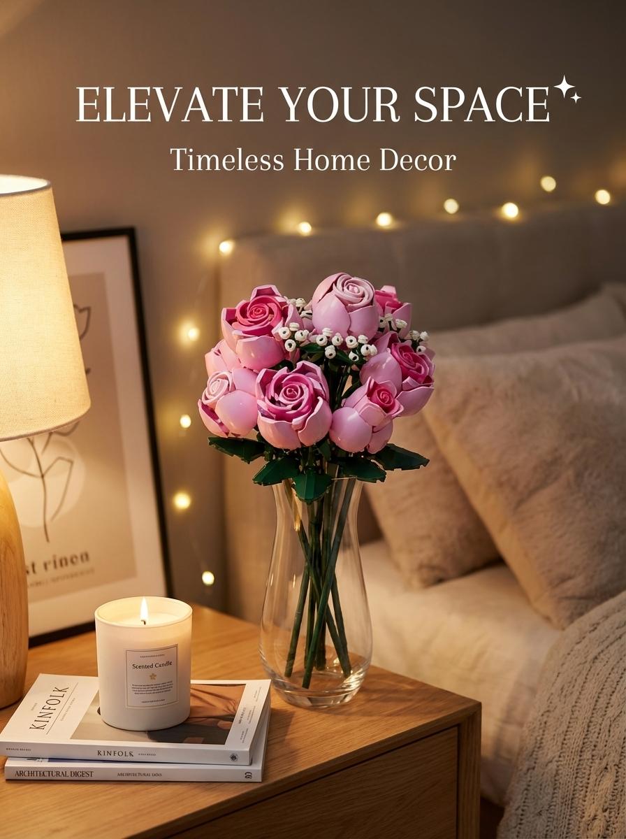 Pink Rose Flower Bouquet Building Set, 789 PCS  Botanical Collection Building Blocks, DIY Artificial Flowers for Home Office Room Decor, Adult Building Toys, Gift for Girls Mom Teachers, Romantic Floral Arrangement, Never Withered Flowers