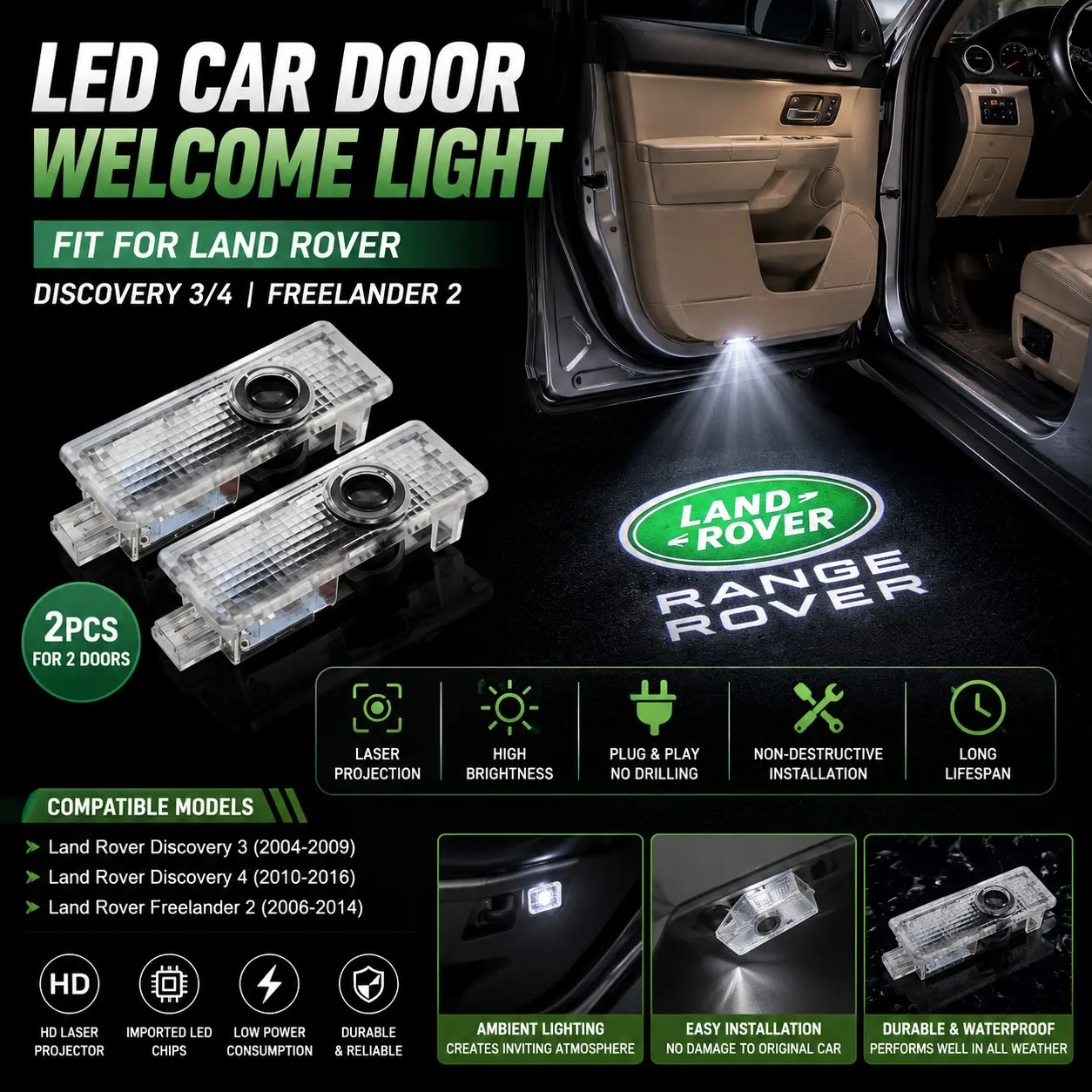 💡🚗 2Pcs LED Car Door Welcome Projector Lights | Fit Land Rover Discovery 3/4 & Freelander 2 ✅ HD Laser Projection ✅ Ambient Courtesy Lighting ✅ Plug & Play No-Damage Install ✅ Bright & Durable ✅ Stylish Entry Upgrade