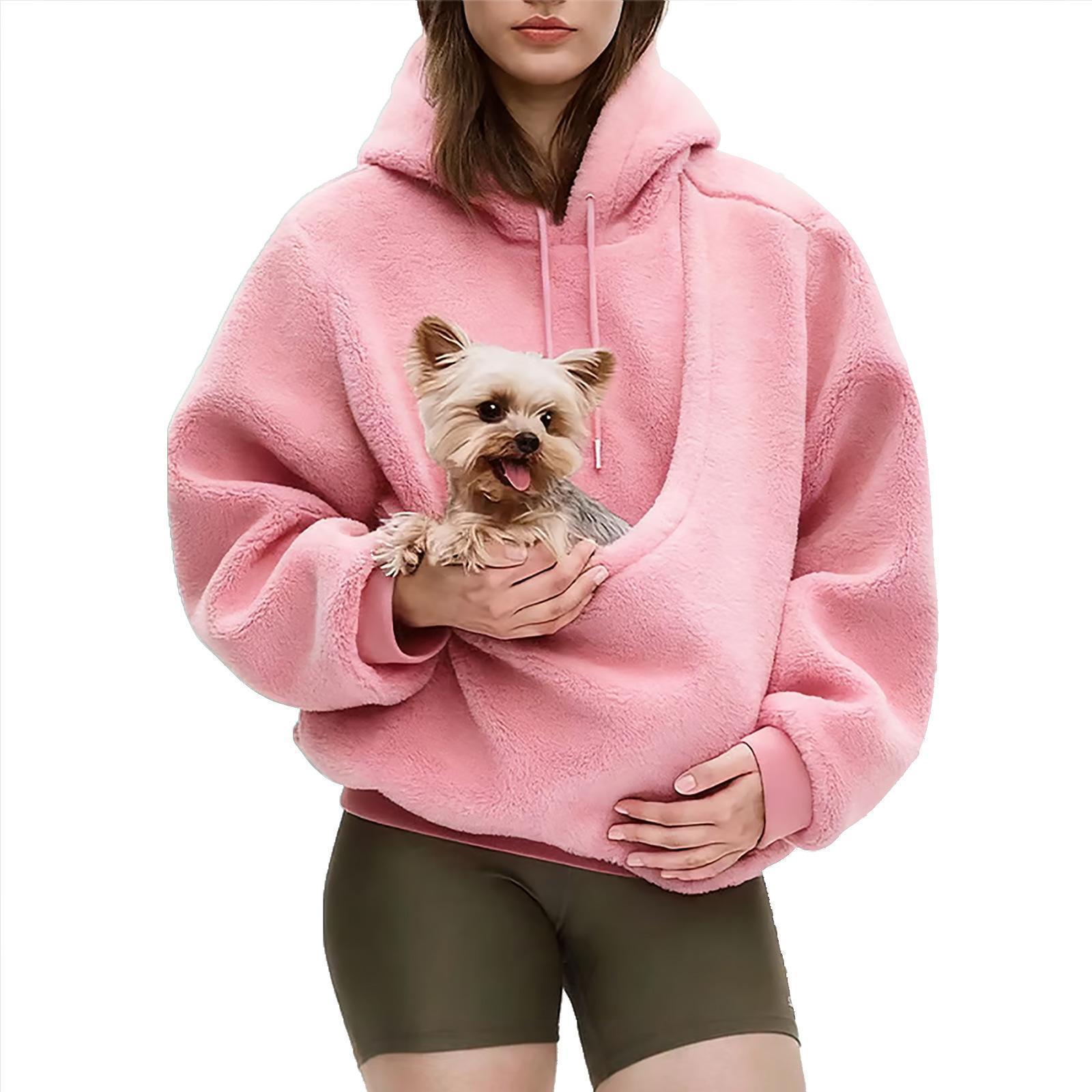 Autumn and Winter Solid Color Hooded Plush Pet Pocket Loose Pullover Sweatshirt for Women Fashionable Warm Cold Resistant Polyester,Gift