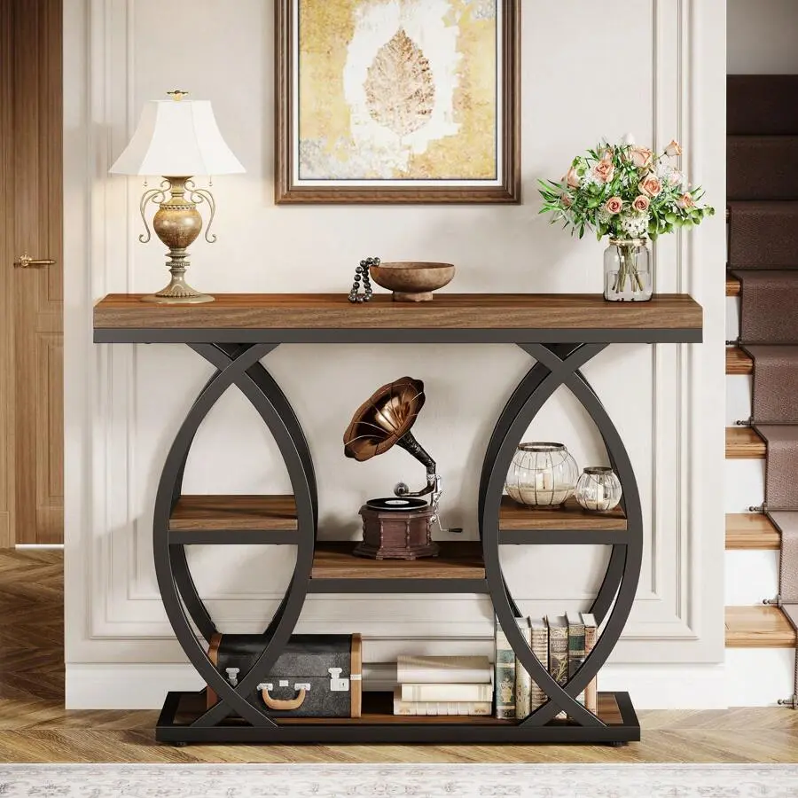 39.4-inch Industrial-Style Four-Tier Console Table for Entryway and Sofa, Wooden Accent Side Table, Suitable for Living Rooms, Corridors and Foyers, Vintage Brown Version