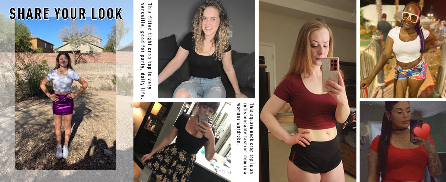 Short Sleeve Square Neck Crop Tops for Women Basic Slim Fit Cropped T-Shirt