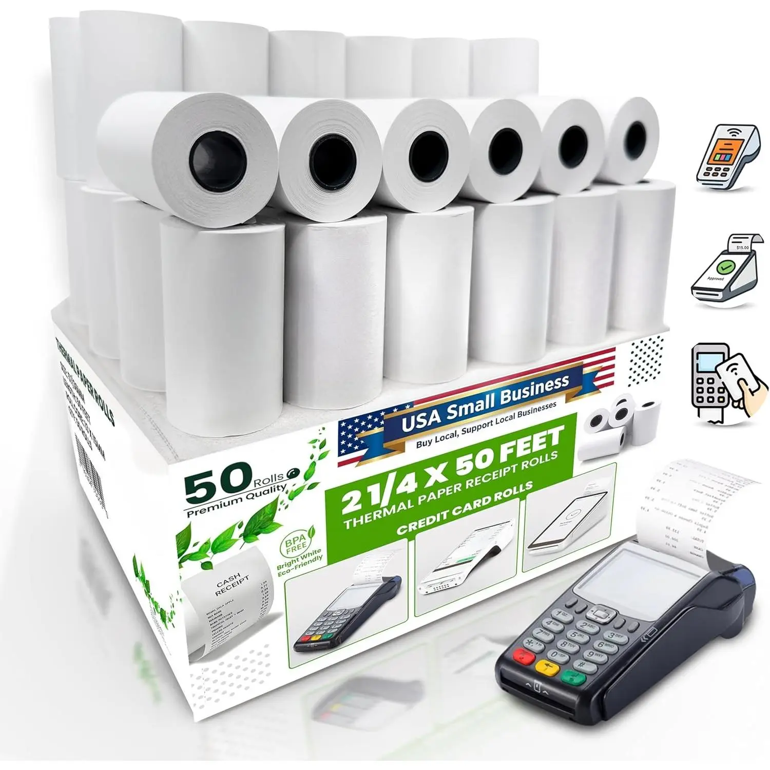 Thermal Paper Receipt Rolls 2 1/4" x 50 ft, Pack of 50 – BPA-Free Credit Card Machine Paper, Fits All Standard Terminals