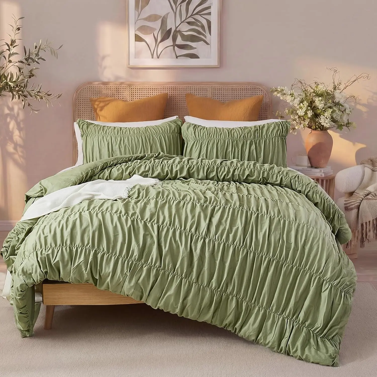 Ruched Comforter Set  Size,  Boho Bedding Set,Avocado Green Cinched  Comforter for Bedroom,3 Pcs  Ruffle Bedding Aesthetic Room Decor for  Seasons