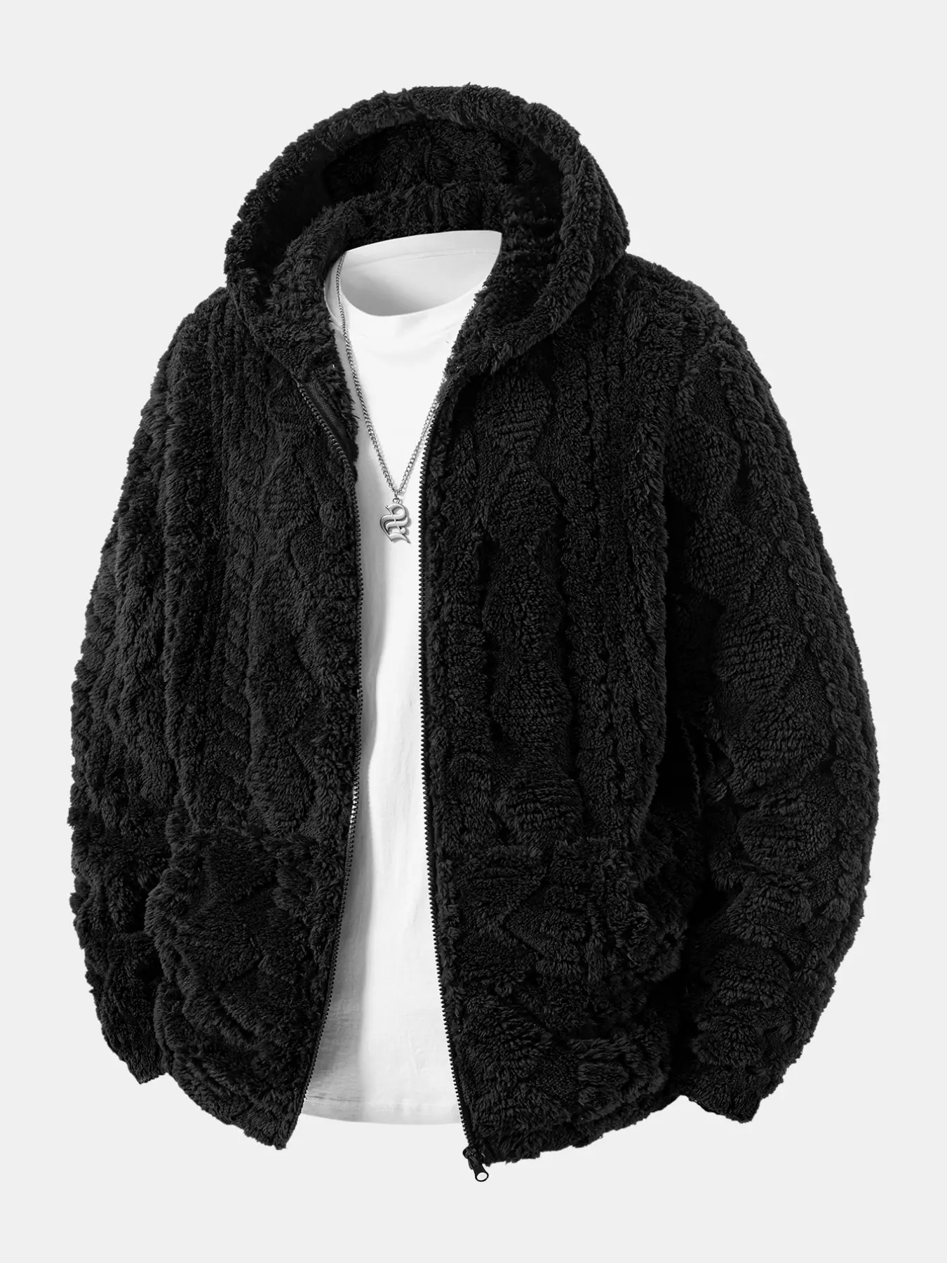 Men's Fashion Cable-Pattern Fluffy Hooded Jacket, Full-Zip Warm Casual Outer Coat with Pockets, Trendy Streetwear for Winter
