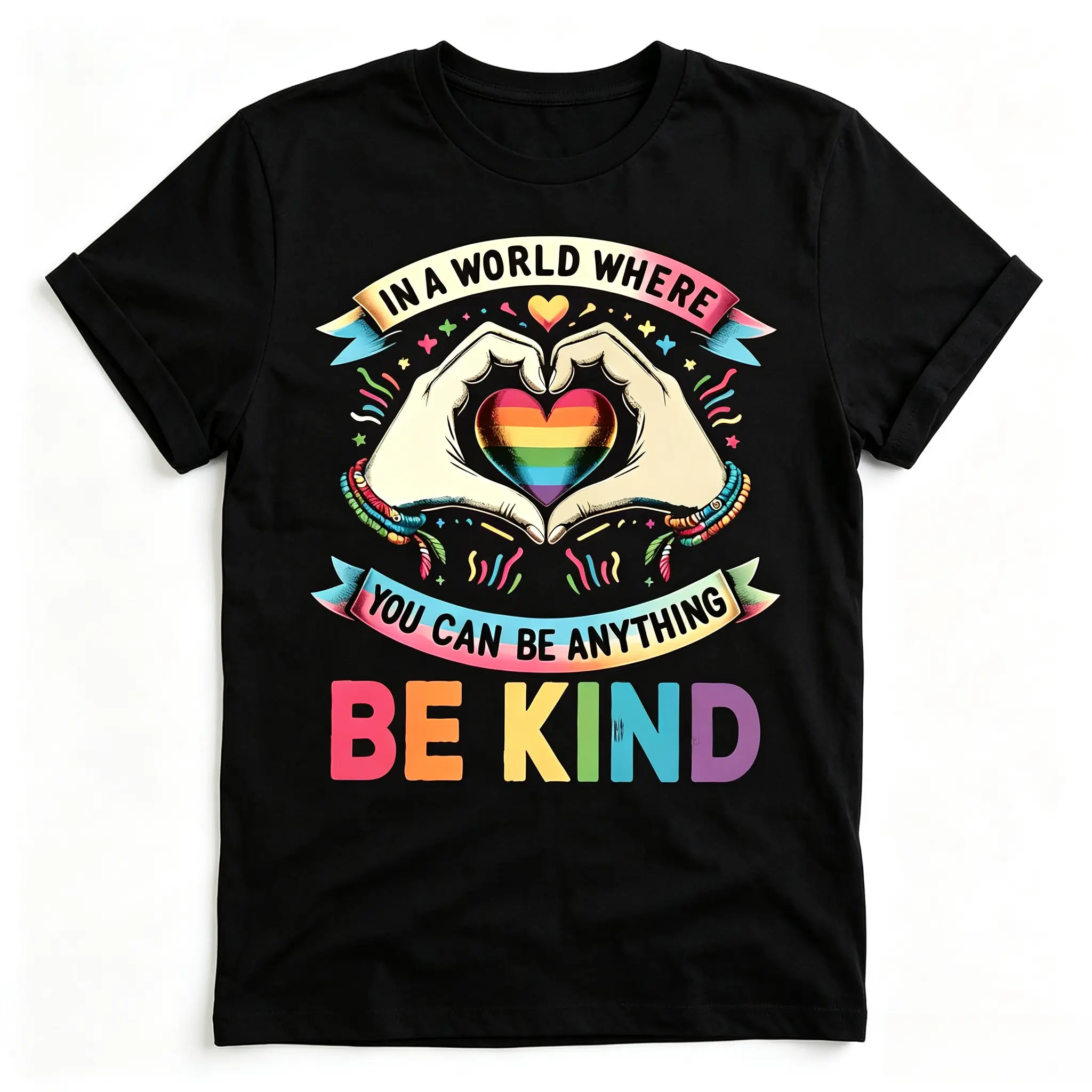Be Kind Rainbow Heart Hand Graphic Oversized Cotton T-Shirt, Cute Fashion Outfit, Perfect Holiday Gift For Him Her, Best Present For Family Friends Lover