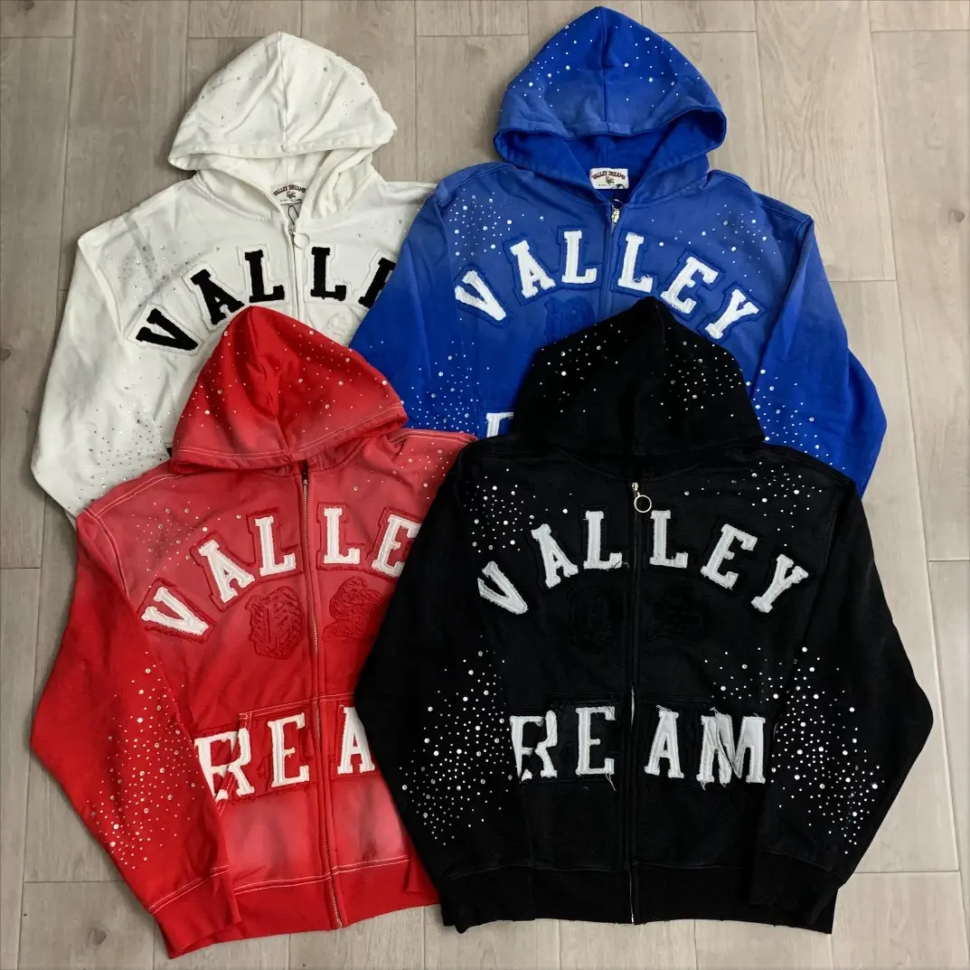 Trending VALE Classic Unisex Rhinestone Zip Up Hoodie Vintage Washed Cotton Graphic Sweatshirt Distressed Embroidery Patch Y2K Hip Hop Streetwear Oversized Jacket Outerwear for Men Women