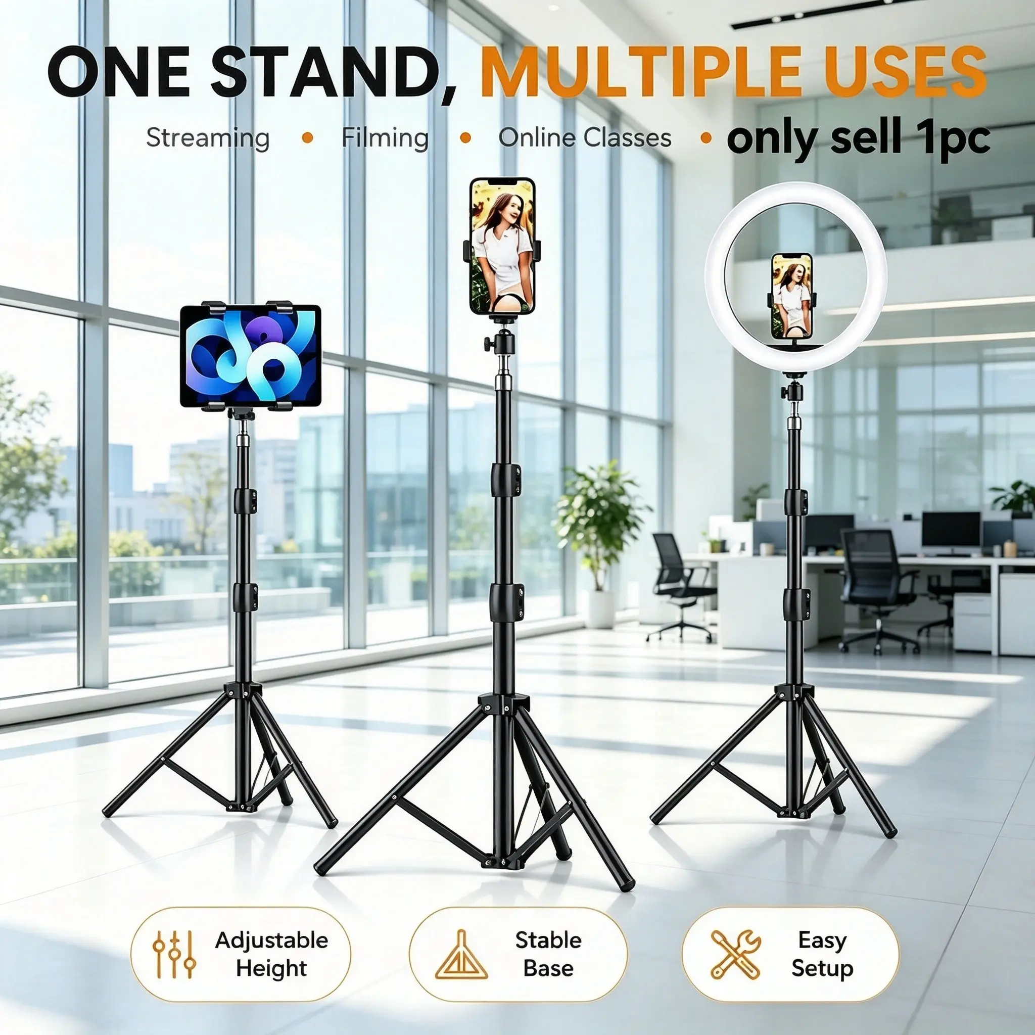 63 Inch Matte Finish Floor Tripod, Full Set with Gimbal and Phone Holder, Multi-Function Ports, Durable Metal Pole, Portable Studio Stand