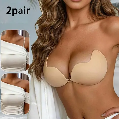 Women's Invisible Push-Up Bra, Strapless, Backless, Seamless Front Closure, No Back & Shoulder Straps, Self-Adhesive Silicone Pads, 2 Pair Set, Sticky Bra