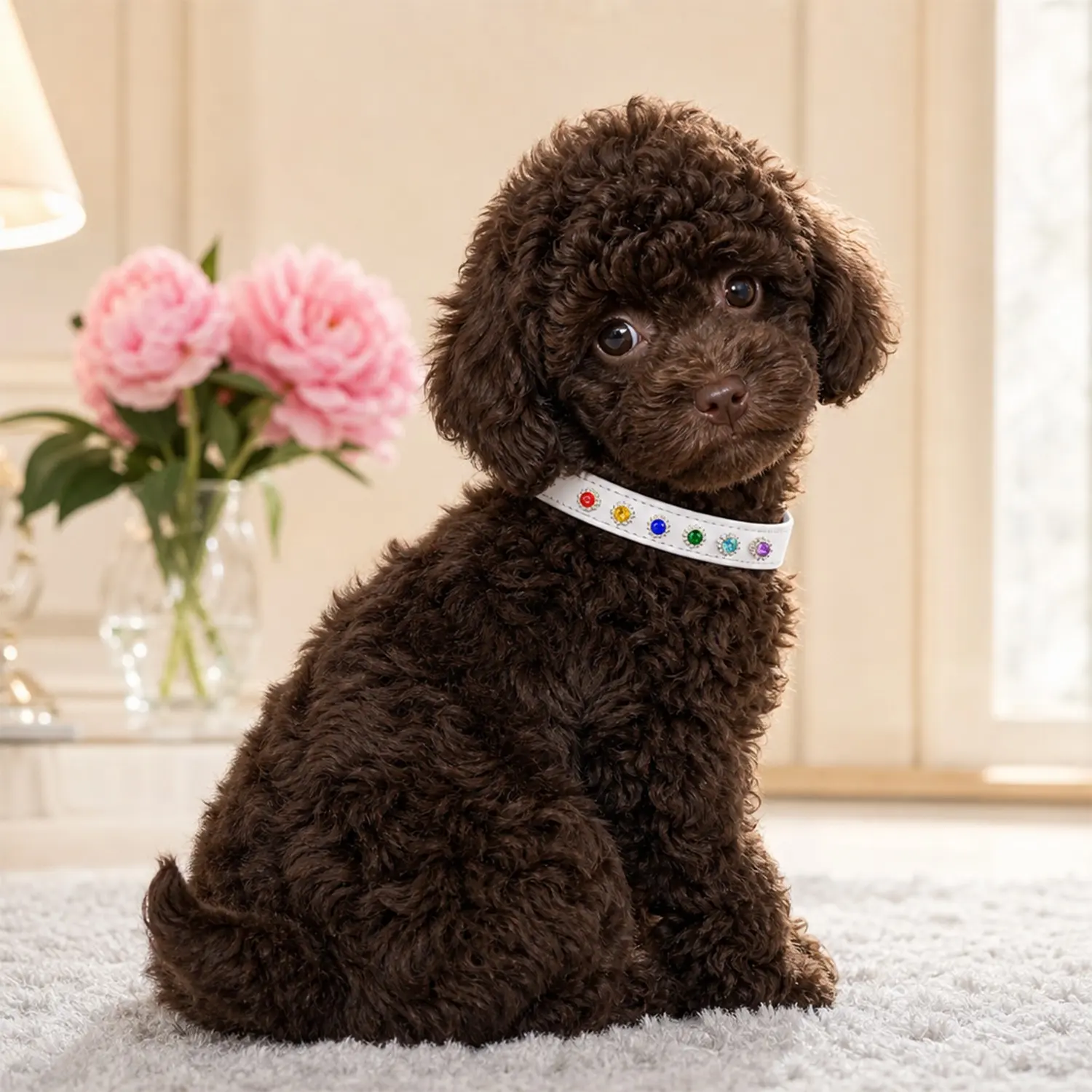 Luxury Rhinestone Leather Pet Collar for Medium Large Dogs & Cats, Premium Soft PU Designer Collar with Hand-Set Flower & Rectangle Crystal Gems, Adjustable Bling Neck Collar, Pink & White, Rust-Resistant Buckle, Elegant Daily Wear, Pet Accessories