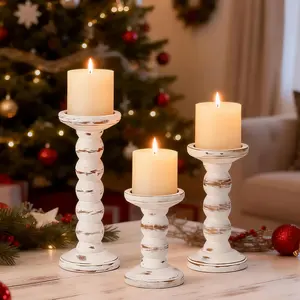 3Pcs Rustic White Solid Wood Candle Holders, Distressed Farmhouse Decorative Large Candle Holders for Pillar Candles, Perfect for Fireplace Table Home Decor