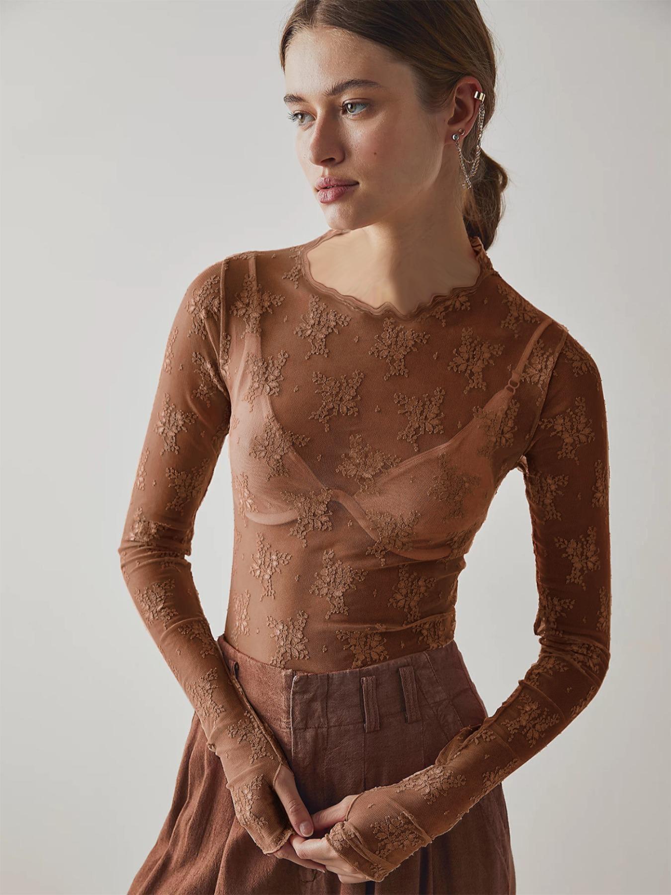 26 Valentine's Day Women's Sexy Sheer Lace Long Sleeve Top, Floral Leopard Pattern, Inner Wear Outerwear, Multi-Color Bottoms, Stylish and Seductive