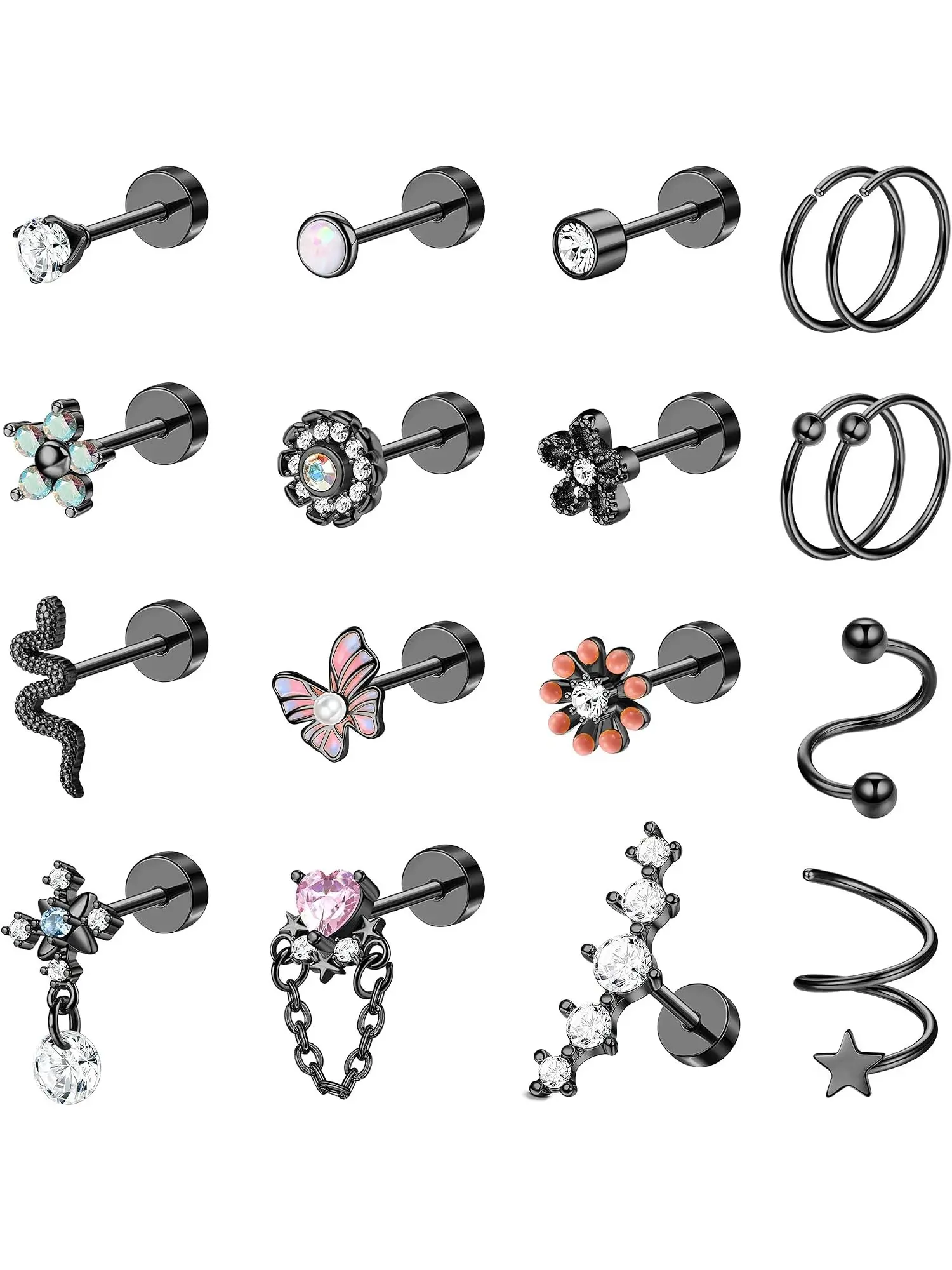 18Pcs Cartilage Earring Stud for Women Couch Hoop Stainless Steel Flat Back EarringsOpal Flower
