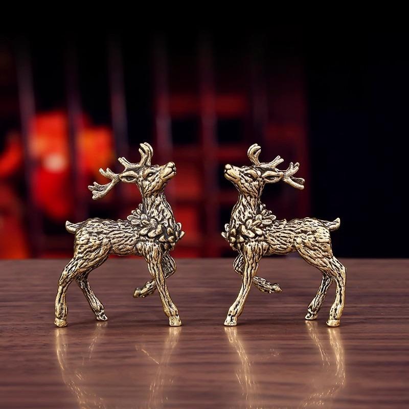 Pure Brass Sika Deer & Elk Figurines (1 Pair) Lucky Home Decor with A Deer Has You Blessing Desktop Ornament Tea Pet for Tea Room Office Shelf Display Vintage Metal Crafts