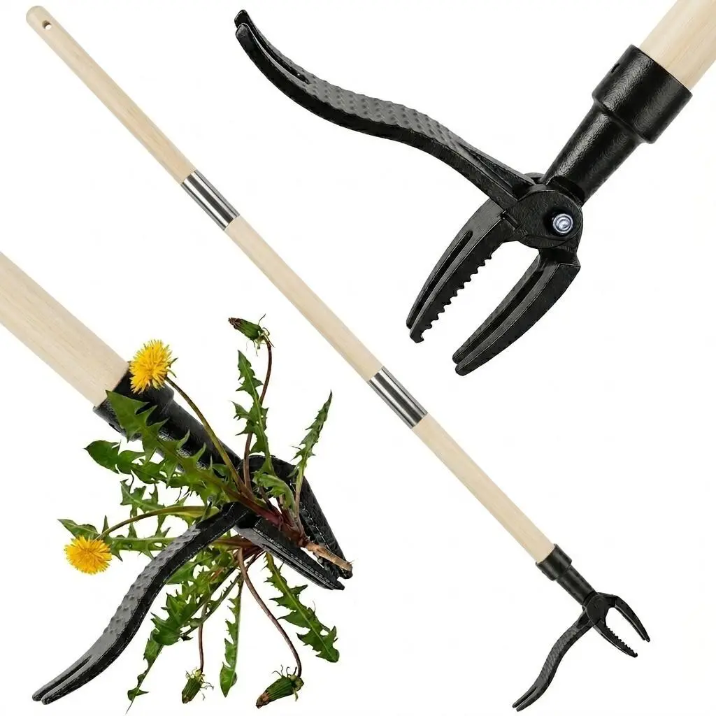 Stand Up Weeding Tool Root Removal Puller 1 Set Manual Plant Digger with Carbon Steel Claw Head Detachable 3 Segment Wood Sticks and Screws Ergonomic Clean Style for Home Yard Backyard Grass Lawn Garden Tool
