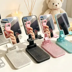 Fashionable Mirror Phone Stand with Rhinestones, Folding Phone Stand, Foldable Portable Compact Design, Easy-To-Use Cellphone Holder, Phone Mount, Stylish Accessory for Daily Use