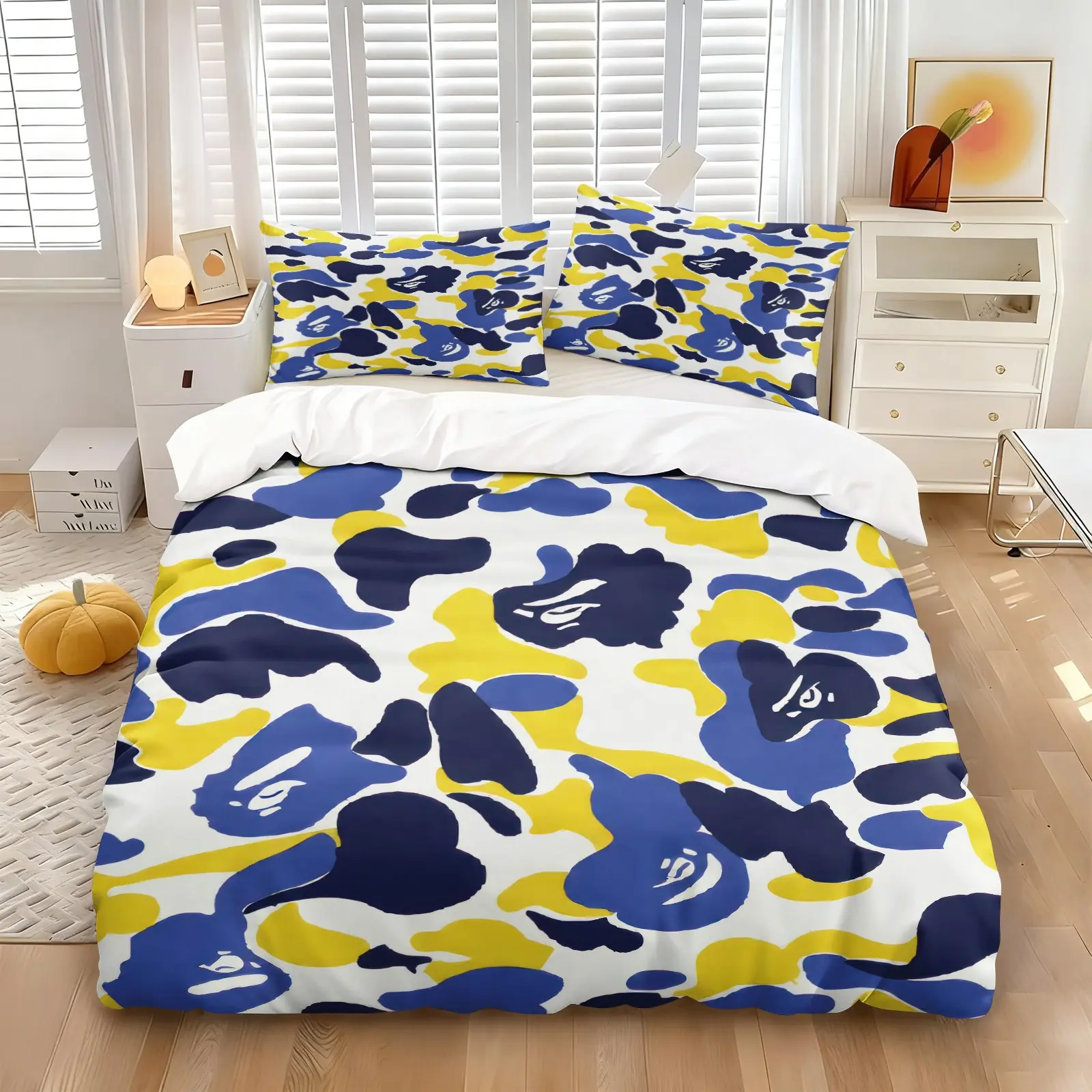 Blue Yellow Camo Printed Bedding Set, 1 Duvet Cover + 1/2 Pillowcases, No Filling, HD All Season Print, Soft Cozy Breathable Bedding, Modern Abstract Camouflage Pattern for Teen Boys Bedroom & Dorm Decor, Easy to Clean