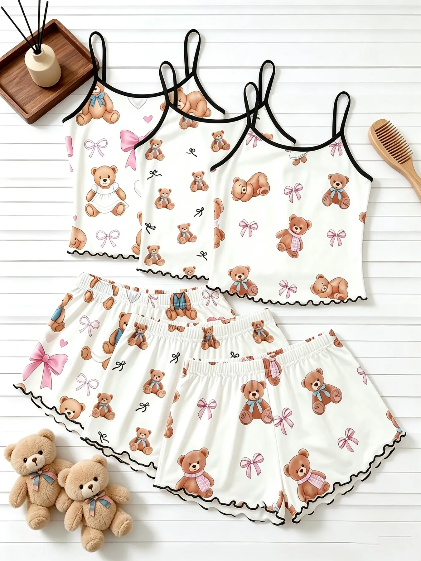 Women's Sleepwear 6 Piece Matching Bundle Kawaii Aesthetic Teddy Bear Bow Print Summer Sweet Cute Style Spaghetti Strap Lettuce Ruffle Hem Contrast Trim Silky Soft Breathable Lightweight Cami Short Pant Set Home Sleepover Lounge Wear