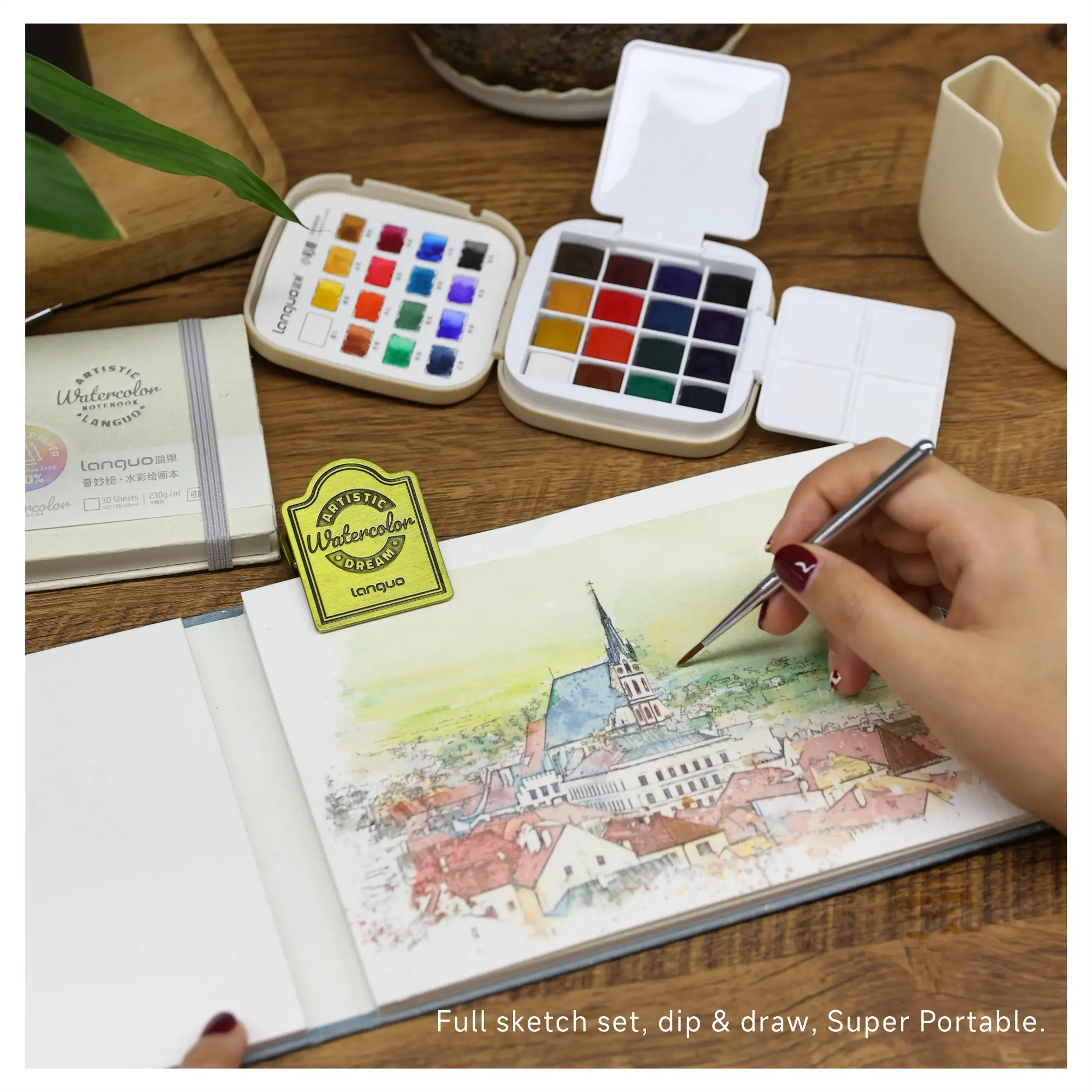 Solid Watercolor Gift Set, Rich Color Layers, Comfortable Grip, Includes Bucket, Pigments, Palette, Brush, Portable for Drawing, Writing, Sketching, Postcards