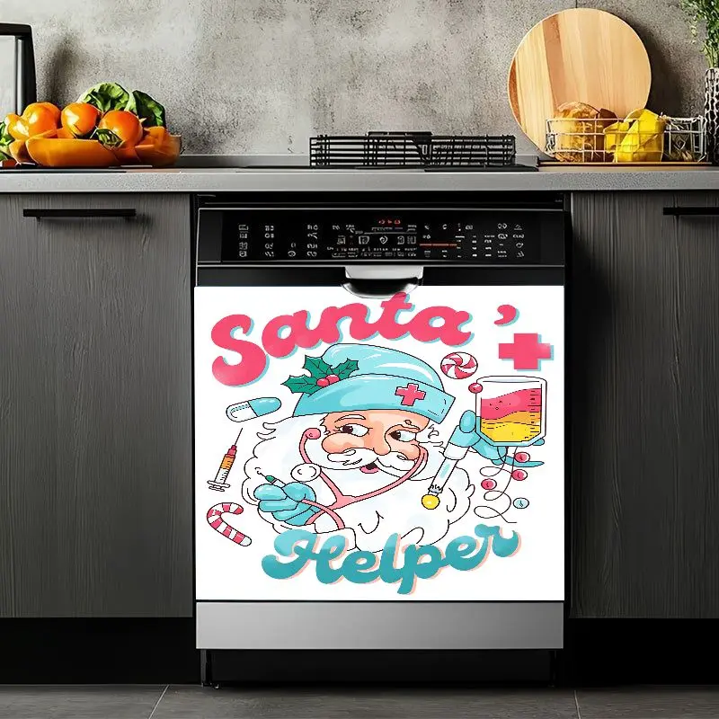 2D Flat 2Pcs Santa Nurse Helper Christmas Dishwasher Cover Sticker Cute Medical Theme Holiday Kitchen Appliance Decoration Waterproof Self-Adhesive Removable Decal for Home Restaurant Fridge Washing Machine Magnetic Door
