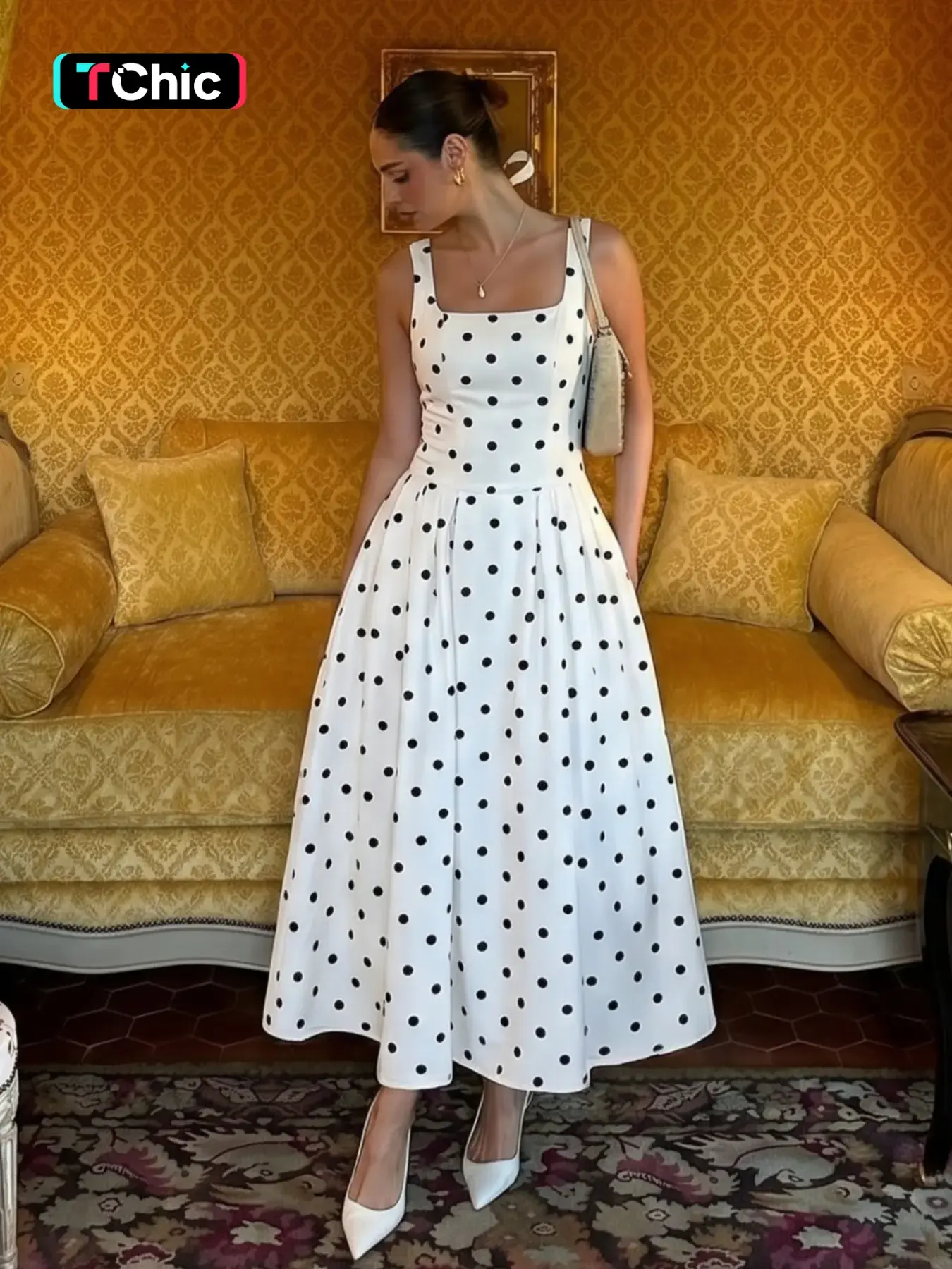 Women's Polka Dot Print Ruched A-line Tank Dress, Square Neck Sleeveless Backless Pleated Long Dress, Party Club Date Holiday Casual Classy Elegant Daily Casual Elegant Chic Maxi Dresses For Ladies All Seasons Summer Fashion Clothes Wear
