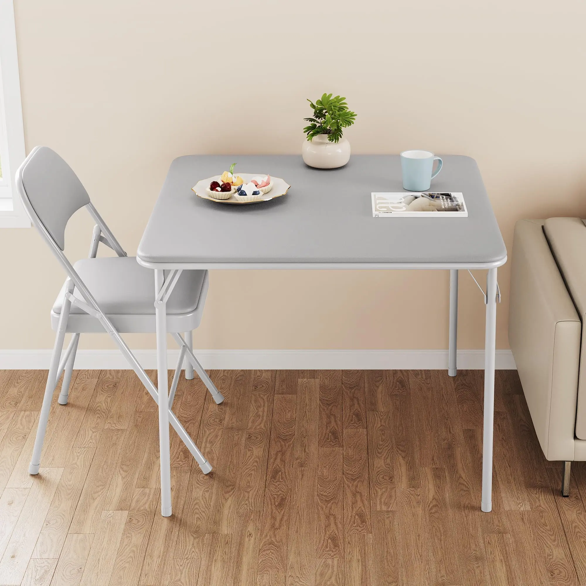 3-Piece Folding Card Table and Chairs Set – Portable Space-Saving Table with 2 Padded Folding Chairs – No Assembly Required – Ideal for Dining, Reading, Games – System Default