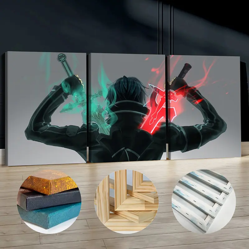 2D Flat Three-Piece Anime Kendo Art Canvas Poster--Vivid Sword-Carrying Character Illustrations, Wooden Frame, Suitable for Living Room, Bedroom, Office, Cafe, Gym Decoration, A Must-Have for Anime Fans, Anime-Themed Room Decoration, Vivid Wall Art, Delic