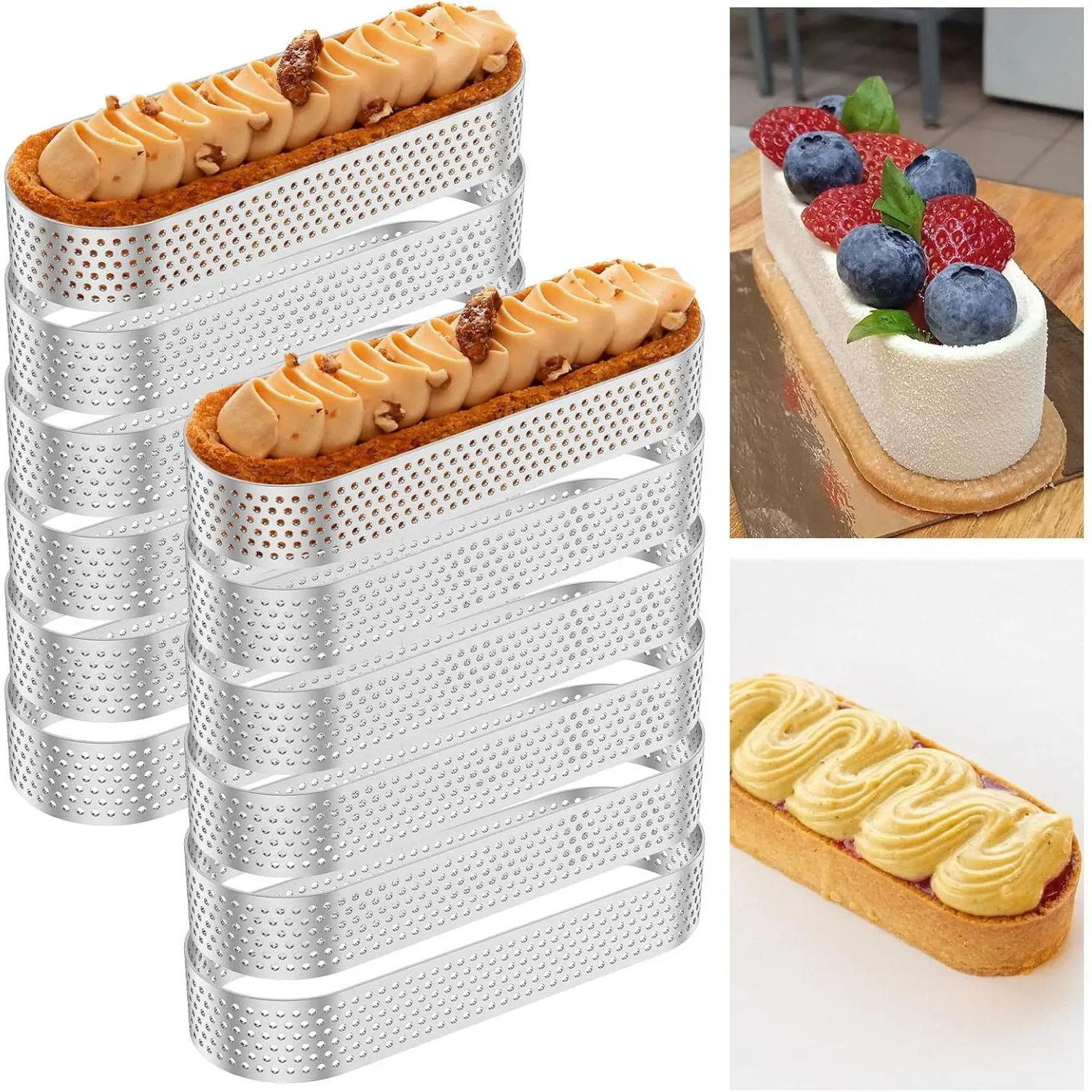 12 count Oval Tart Rings, 5inch Perforated Tart Ring Mold, Stainless Steel Nonstick Cake Mousse Ring Pastry Mould, Heat Resistant Mini Fruit Tart Mold Pan for Baking Mousse Cheesecake Muffin Pie Dessert