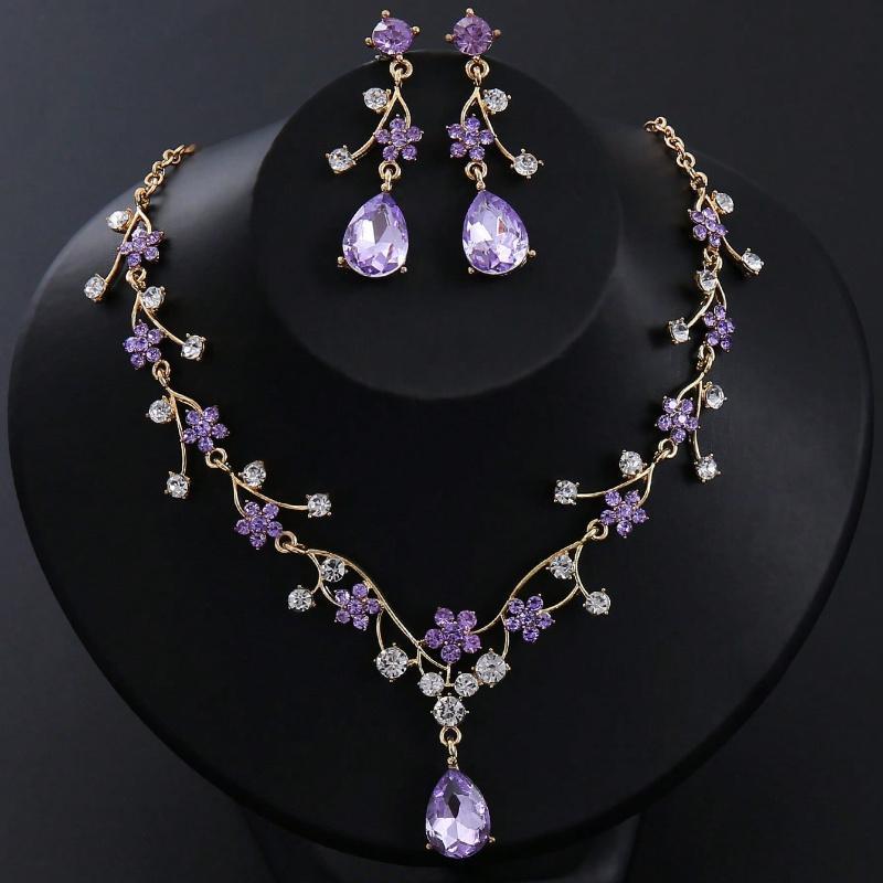 3Pcs Vintage Plum Purple Rhinestone Jewelry Set, Necklace & Earrings for Brides & Bridesmaids, Ideal for Weddings, Dinners & Holiday Gifts