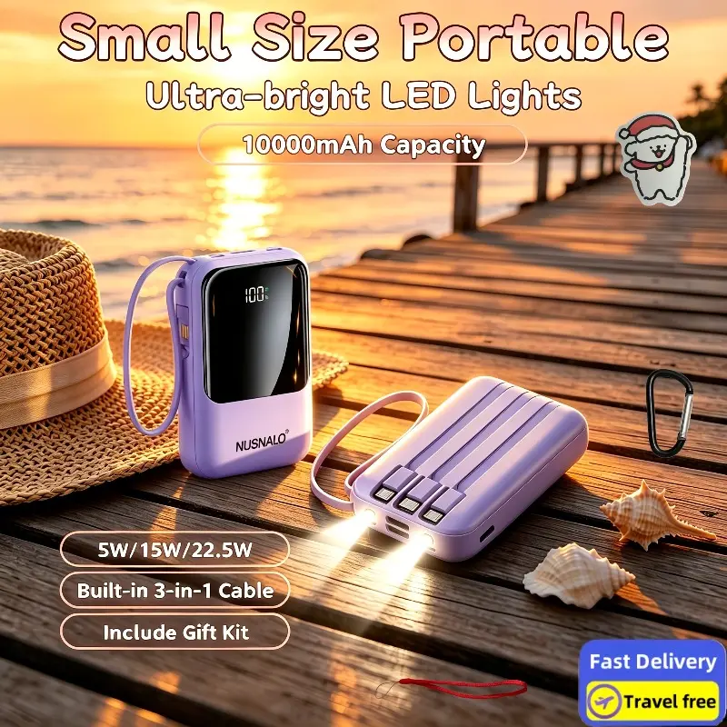 10000mAh Compact Cute Portable Power Bank - 22.5W Fast Charging, Built-in 3 Cables, Smart Digital Percentage Display, Portable Lanyard, Bright LED Flashlight, Compatible with iPhone Samsung Huawei Xiaomi Smartphones