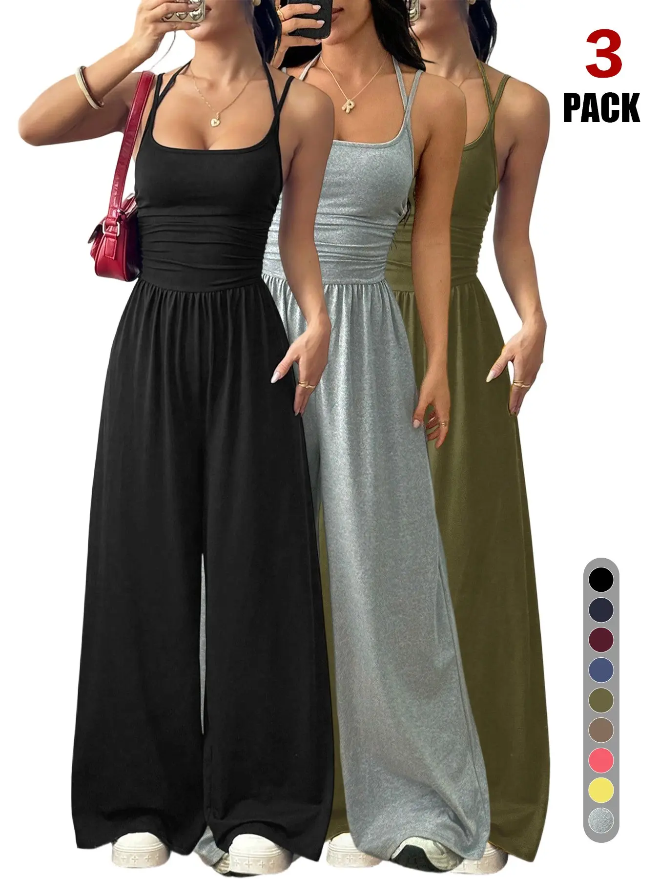Halter Crop Top & High Waisted Flowy Wide Leg Palazzo Pants Set, Chic, Slimming & Elongating Silhouette, Sleeveless Jumpsuit for All Seasons