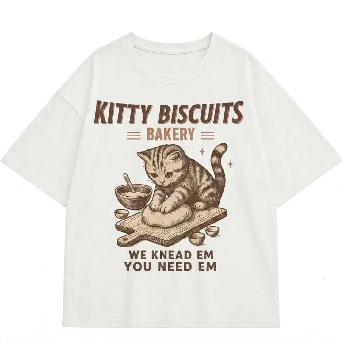 Unisex 100% Cotton Short-Sleeve Graphic Crew Neck Relaxed Fit Sporty Chic T-Shirt - Outdoor Casual, Street Style, Kitty Biscuits Bakery Cat Kneading Pun Print, Baking Lover Vintage Gift, Breathable Lightweight Machine Washable Sports Top