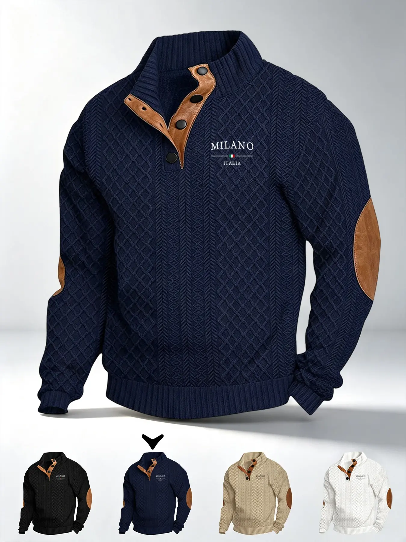 Men's Fall Winter Warm Knit Polo Shirt, Vintage Houndstooth Pattern Milan Print, Casual Open Collar Pullover, Ideal Christmas Gift
