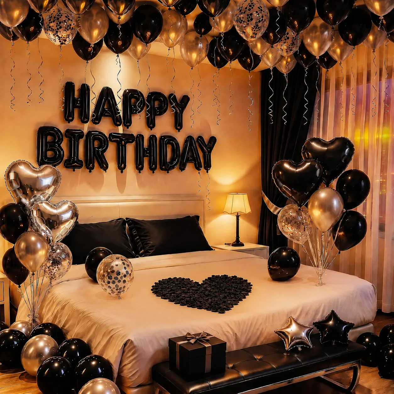 Black Silver Birthday Decorations for Him, Happy Birthday Letter Balloons with 8pcs Star Foil Balloons & 1000pcs Black Rose Petals, Hotel Birthday Surprise Room Decor for Boyfriend Husband