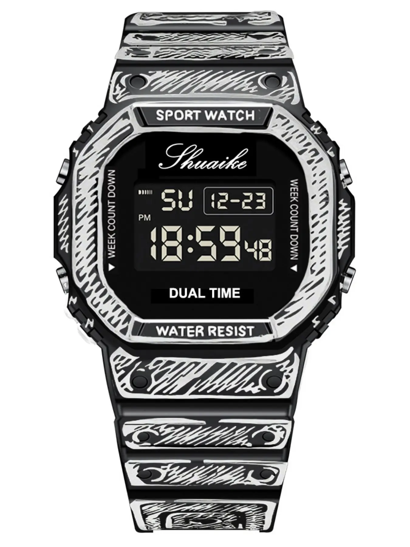Graffiti Grid Digital Sports Watch, Analog Digital Wristwatch, Silicone Strap, Dual Time Zone Countdown, Waterproof, Teen Street Fashion, Gift Idea, Sporty Waterproof Watch