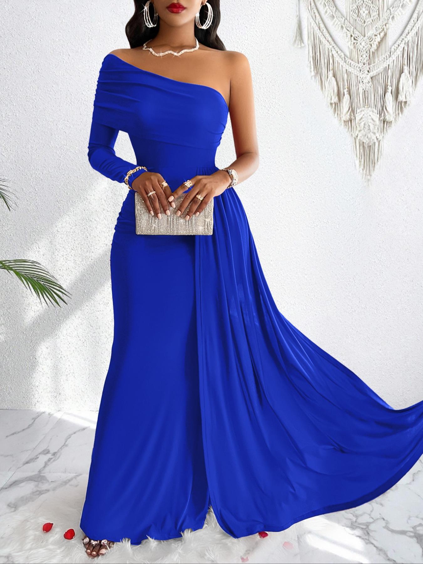Aliling Women's Elegant Christmas Evening Dress, Asymmetrical One-Shoulder Maxi Gown, High-Waisted Ruched Long Dress, Formal Wear