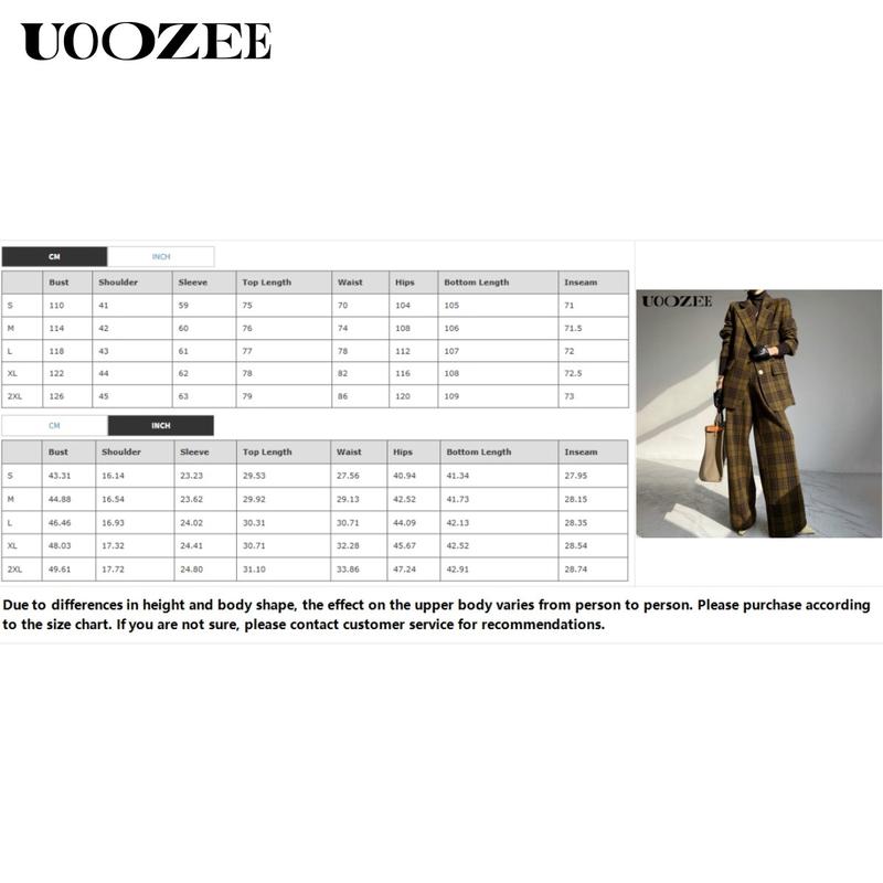 UOOZEE Women's Autumn Winter Retro Classic 2 Piece Blazer Suit, No Belt Pockets Blazer New Long Sleeves Loose Elegant Formal Business Outerwears Jackets & Plaid Pockets High Waisted Loose Full Length Trousers Pants