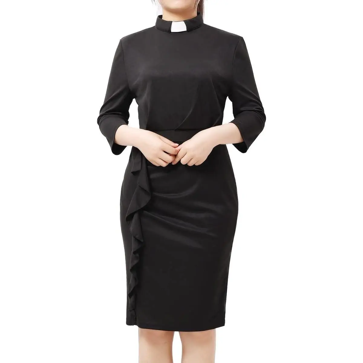 Catholic Church Women Clergy Tab Collar Dress Black Mass Sheath Dress
