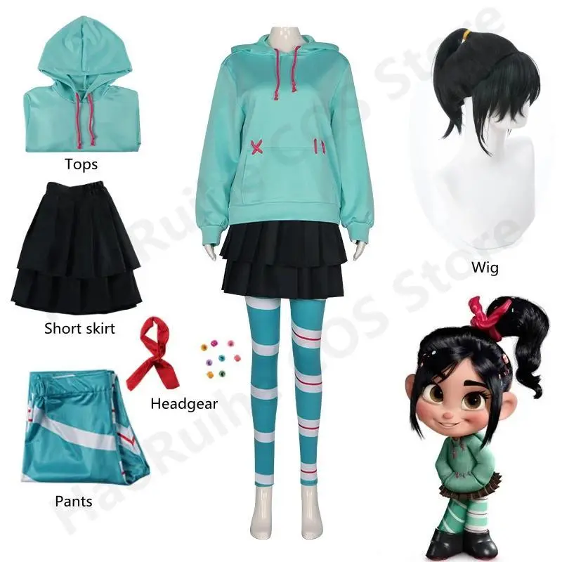 Women's Anime Vanellope Von Schweetz Cosplay Suit - Hooded Neck Long Sleeve Polyester Clothes, Short Skirt, 1-size Wig for Halloween Performances, Basic, One Size Wig