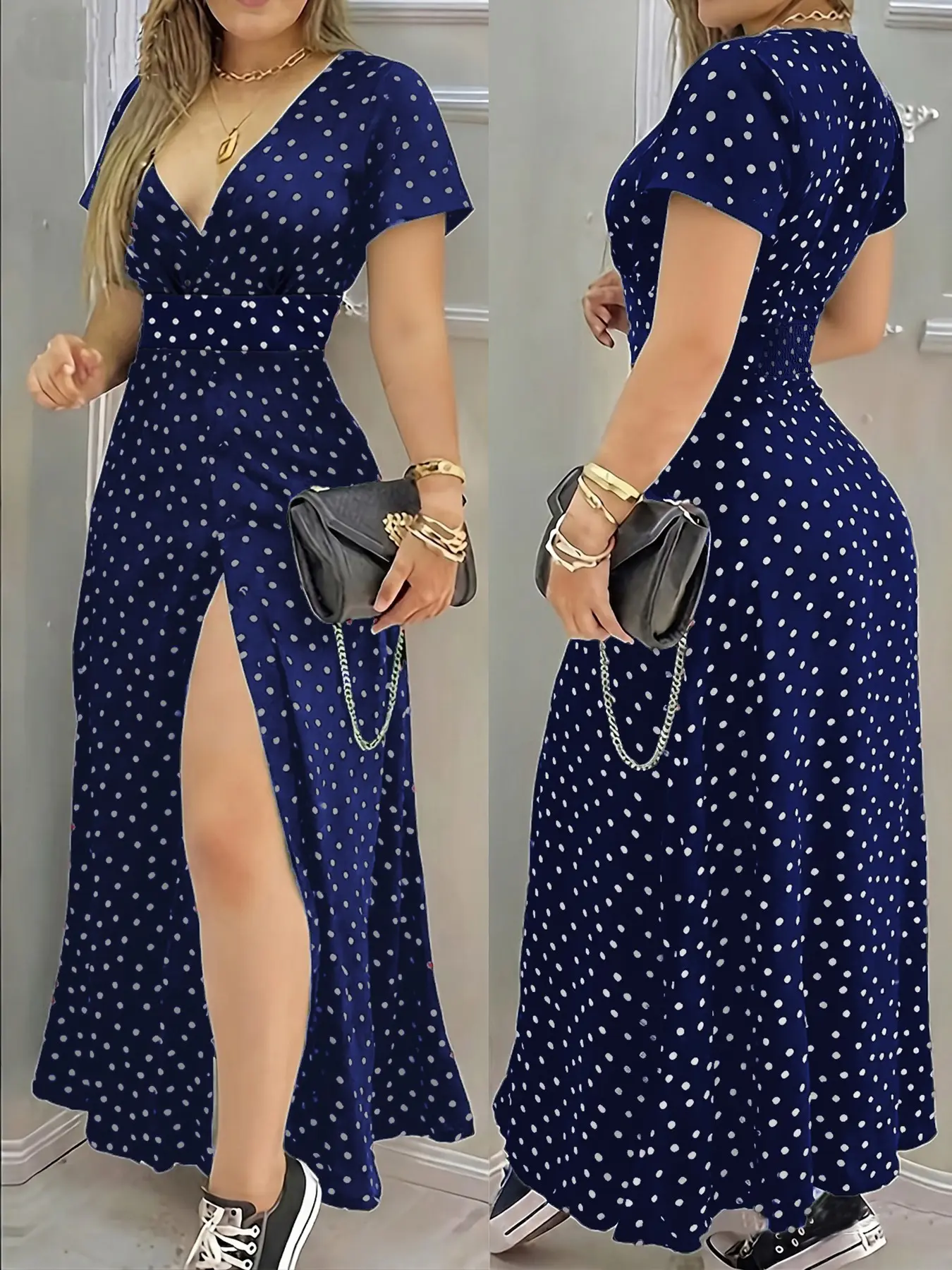 Summer New Bohemian V Neck Polka Dot Dress, Women's Short Sleeve Waist Cinch Split Dress, Casual Elegant Long Dress for Vacation Party