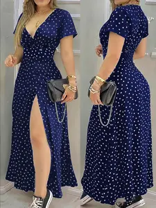 Summer New Bohemian V Neck Polka Dot Dress, Women's Short Sleeve Waist Cinch Split Dress, Casual Elegant Long Dress for Vacation Party