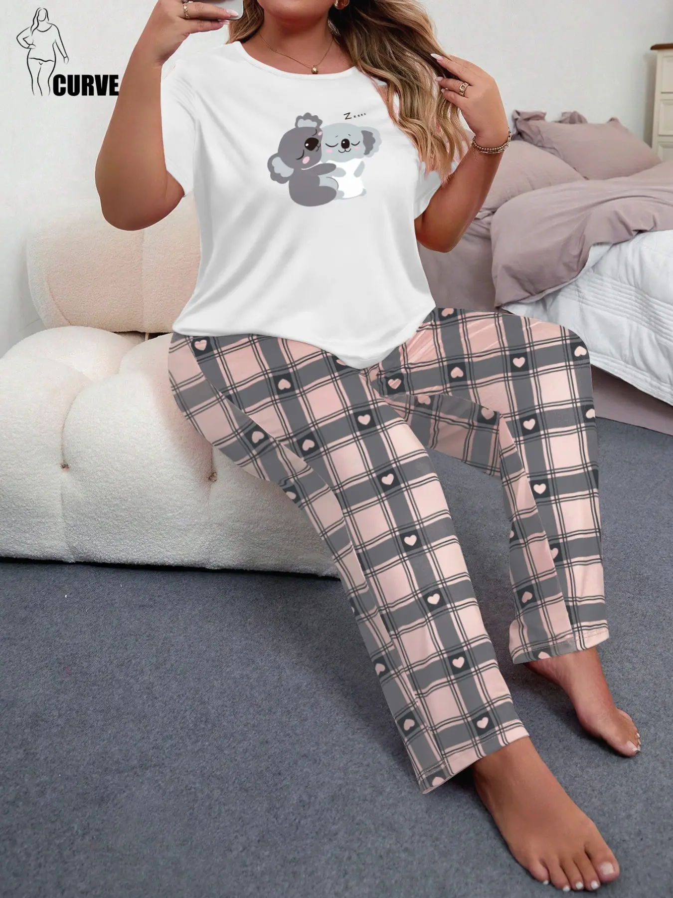 Plus Size Women's Sleepwear Loungewear Set, Cute Koala Print Short Sleeve Pajamas for Adults, Plaid Heart Wide Leg Pants, Home Two-Piece Set, Pjs, Pyjamas